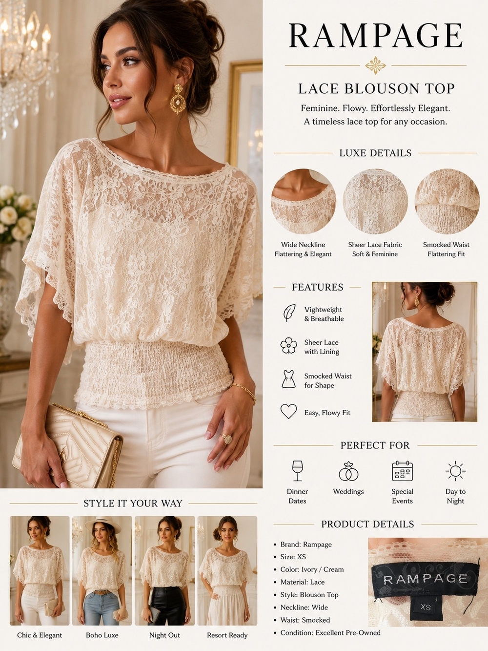 Rampage Ivory/Cream Lace Blouson Top